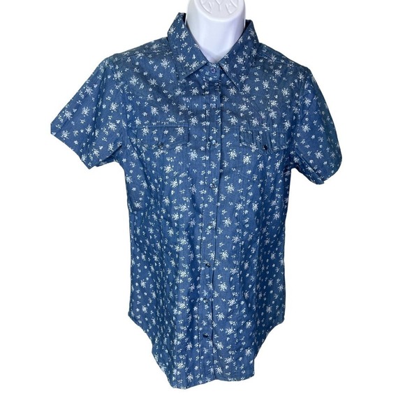 Back In The Saddle Short Sleeve Snap Button Down Blue Shirt Women's Size Small - Picture 1 of 6